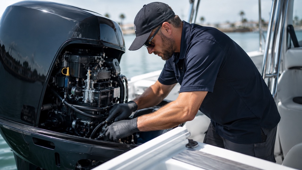 Marine technician repairing an outboard engine at a marina