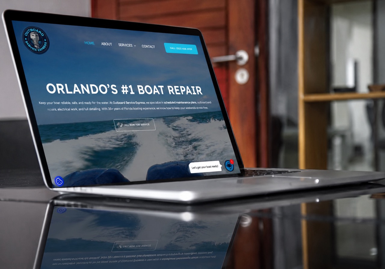 Modern laptop displaying the Outboard Service Express website with Orlando boat repair services, shown on a reflective desk in a professional office setting.